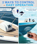 Heavy Duty 45 Lb Electric Anchor Winch With Wireless Remote And 100 Ft Rope For Easy Boat Stopping Power Up From Your 12V System, shown on boat.