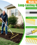 Man using Heavy Duty Bow Rake For Leaves And Lawn Care, 6 Ft Metal Rake With 17 Tines And Stainless Steel Handle, Weatherproof