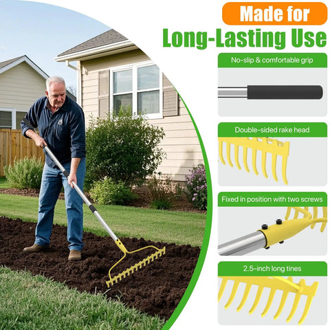 Man using Heavy Duty Bow Rake For Leaves And Lawn Care, 6 Ft Metal Rake With 17 Tines And Stainless Steel Handle, Weatherproof