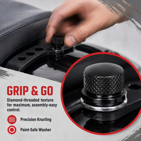 Premium 304 Stainless Motorcycle Seat Bolt And Screw Nut Kit Features Tough Diamond Knurling, close-up of knurled screw for easy grip.