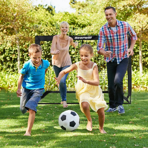 Family playing with Two Pack 4x3ft Pop Up Kids Soccer Goals For Backyard Portable Soccer Nets Includes Ball Ladder Cones And Targets