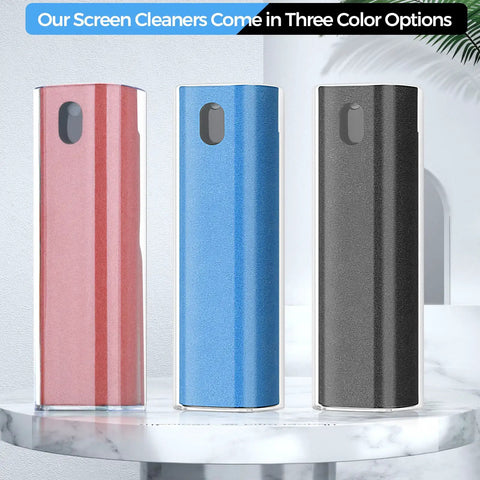 Three In One Screen Cleaner Kit With Touchscreen Mist Spray And Microfiber Cloth in red, blue, and black options on marble surface.