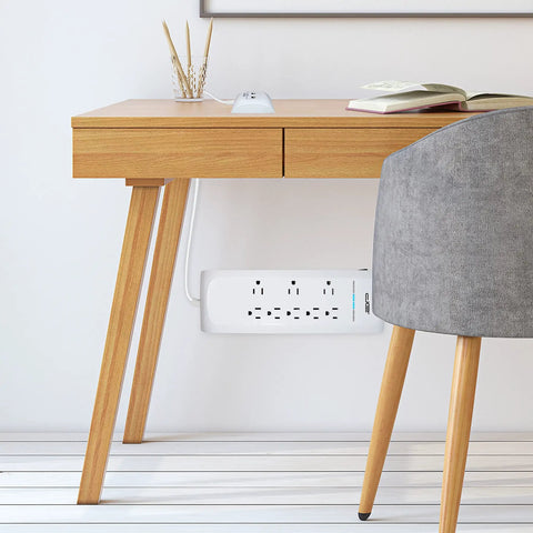 Eight Outlet Surge Protector Power Strip With 25 Foot Flat Plug 4200 Joules Separated USB Ports under desk setup