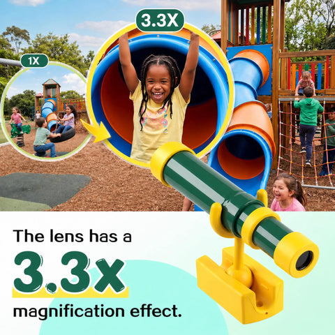 Kid Friendly Green And Yellow Telescope Playset With 360 Degree Spin Magnification, Plastic Telescope Attachment For Treehouse Playground And Outdoor Playhouse, Gift For Little Explorers mounted on playground