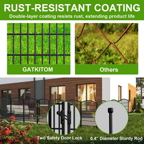No-Dig Gate-Equipped Decorative Garden Fence Kit For Pets shown with rustproof coating, features safety door lock and sturdy rods.