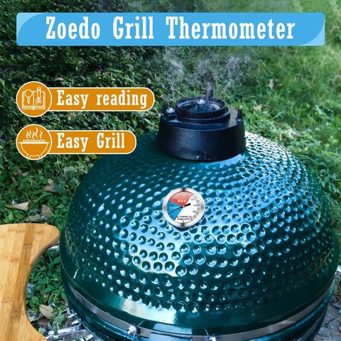Backyard BBQ Thermometer Gauge For Charcoal Grill And Pit Smoker With Fahrenheit Dial Color Coded Zones on green domed grill