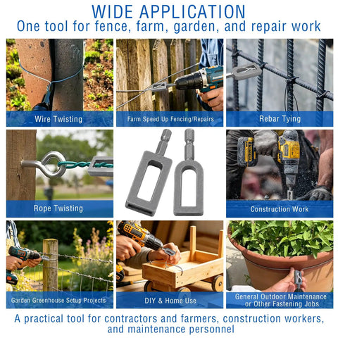 Heavy Duty Drill Powered Wire Twister With 1/4 Hex Shank For Fast Electric Fence Connections And Barbed Wire Binding, shown in various applications.