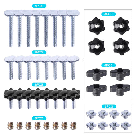 Assortment of One Quarter Inch T Track Bolts And Knobs Kit With T Bolts Star Knobs Screws Pronged Nuts T Nuts For Woodworking Jigs