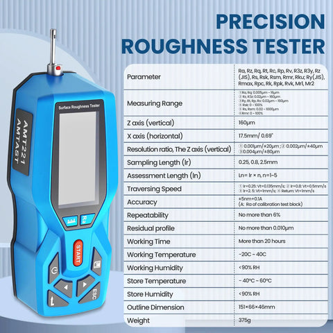 On The Go Handheld Surface Roughness Meter With Color Mapping And Pro Grade Portable Profilometer in blue, shown with specifications.
