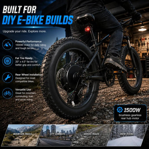 48V 1500W Electric Bicycle Conversion Kit For 20 Inch Rear Hub Wheel With PAS Sensor And LCD Display Dope Upgrade For Fat Tire Snow Rides Brushless Gearless Hub Motor Durable Alloy Build displayed on a bike