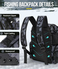 Fishing Backpack With Rod Holders And Cooler 45L Water Resistant Tackle Bag showing waterproof material and padded straps