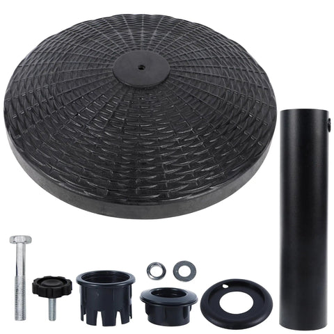 Beefy Heavy Duty 22 Lb Resin Patio Market Umbrella Base Stand with detailed parts, waterproof and UV resistant, black resin