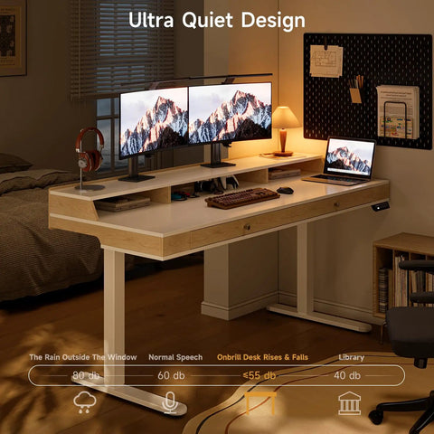 Sit Stand Desk With Drawers And Shelves 47 By 23.6 Inch Electric Height Adjustable Standing Desk With dual monitors setup