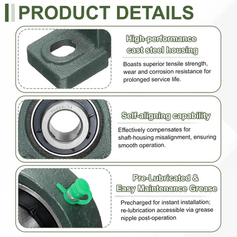 Image of Seven Eighths Inch Bore Pillow Block Bearing With Self Alignment Cast Steel Housing highlighting features and grease nipple
