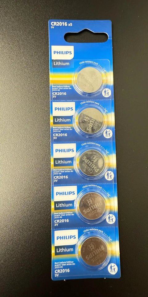 Heavy Duty 5 Pack CR2016 3V Lithium Coin Batteries in sealed packaging with child resistant design for secure power.