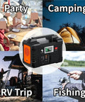 Portable Ac Power Station With Fast Charging Ports used at party, camping, RV trip and fishing, showcasing versatility in various settings.