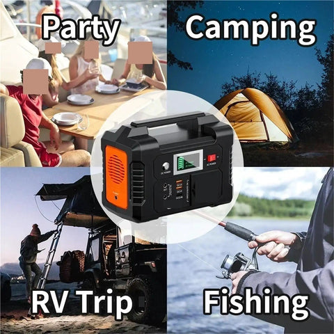 Portable Ac Power Station With Fast Charging Ports used at party, camping, RV trip and fishing, showcasing versatility in various settings.