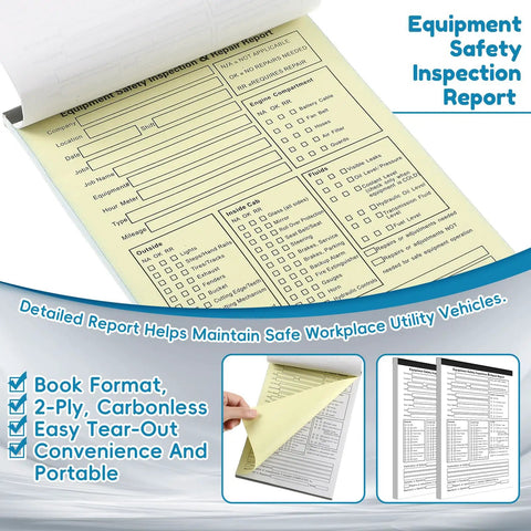 Twenty Pack 5.5 by 8.5 Inch Vehicle Inspection Report Books With 31 Sets Per Book 2 Ply Carbonless Yellow Copy Daily Pre Trip DVIR Forms For Fleet Inspections 310 Total Forms, open report book