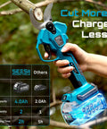Person using Electric Pruning Shears Cordless 1.8 Inch Cut With Brushless Motor Dual 4Ah Batteries on tree branch closeup