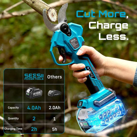 Person using Electric Pruning Shears Cordless 1.8 Inch Cut With Brushless Motor Dual 4Ah Batteries on tree branch closeup