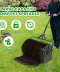 Man using 16 Inch Compost Spreader And Peat Moss Spreader For Lawn Care with adjustable handle and steel mesh basket on grass