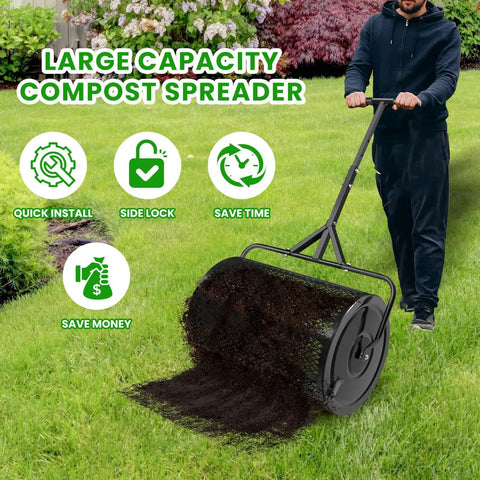 Man using 16 Inch Compost Spreader And Peat Moss Spreader For Lawn Care with adjustable handle and steel mesh basket on grass
