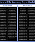 List of compatible Samsung dryer models for DV20 to DV33 series.