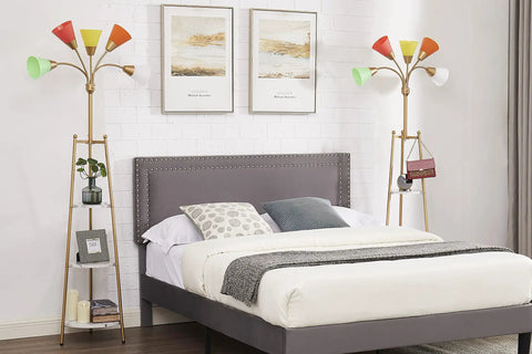 Bedroom scene with two LED Floor Lamp With Dope Medusa Multi Head Design, five colored shades, shelves beside a grey bed.