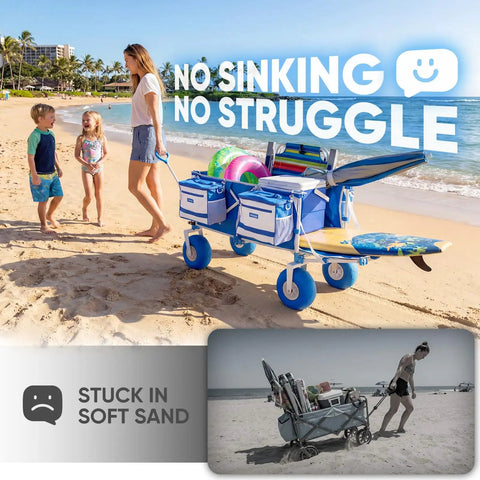 Heavy Duty Beach Wagon With 9 Inch Sand Proof Wheels And 300L Capacity Foldable Cart on a beach with gear and people