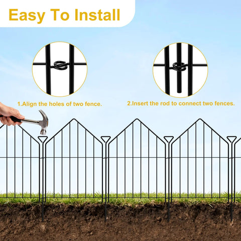 Rustproof Metal Garden Fence 17 Inch By 10 Feet No Dig Animal Barrier Ten Panel Set installed with hammer and connector rods.