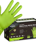 TitanFlex heavy-duty green nitrile gloves on hand; size Large, 8-mil, powder-free, box of 100 with raised diamond texture grip