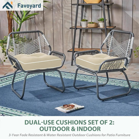 19x19 Inch Water Resistant Outdoor Chair Cushions Set Of 2, Beige Tufted, on Patio Chairs with Tie Straps, Weatherproof
