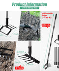 82 Inch Adjustable Garden Hoe And Cultivator Rake With Five Tines A 2 In 1 Weeding And Planting Tool For Loosening Soil Removing Weeds And Planting Seeds Heavy Duty Rustproof Metal Garden Tool For Quick Work, showing tool dimensions and components