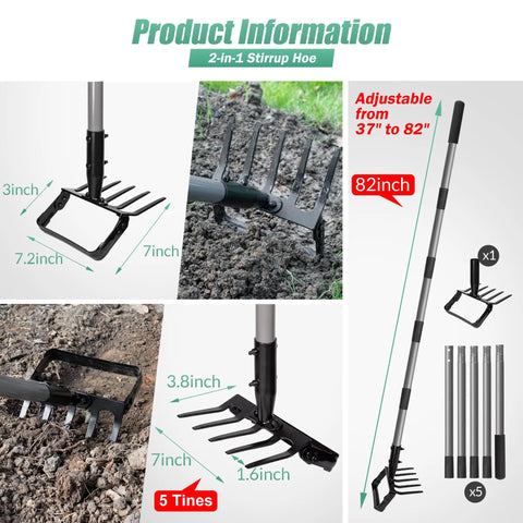82 Inch Adjustable Garden Hoe And Cultivator Rake With Five Tines A 2 In 1 Weeding And Planting Tool For Loosening Soil Removing Weeds And Planting Seeds Heavy Duty Rustproof Metal Garden Tool For Quick Work, showing tool dimensions and components