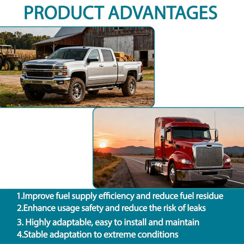 Diesel Truck Fuel Tank Sump Kit With Integrated Return And Hole Saw Includes Half Inch Fittings Seamless Install For Cummins Duramax And Powerstroke Diesel Systems Sweet Upgrade For Airdog Fass Fuel Setups shown with pickup and semi trucks, highlighting product advantages.