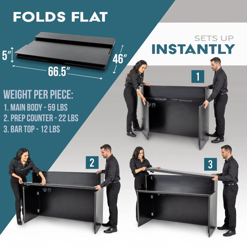 Party-Ready Portable Event Bar Table - Foldable Pro-Grade Wood assembly demonstration and dimensions.
