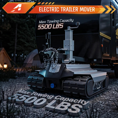 Heavy Duty Electric Trailer Mover With Wireless Remote Control 5500 Lbs Max Towing Capacity close-up, rubber tracks for stability.