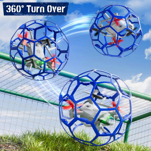 Rad Remote Control Helicopter Toy For Kids 8 To 16 with blue cage, flying above green grass and fence, performing 360° flips
