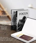 Faux Book Decor Set Of 3 For Modern Desk And Shelf Vibe with magnetic storage, black and white decorative books on wooden surface.