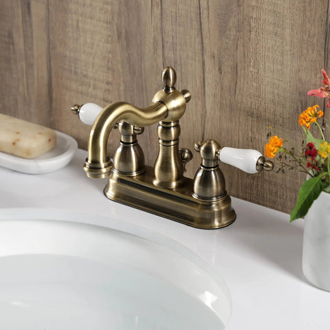 Antique Brass 4-Inch Centerset Bathroom Faucet Deck Mount 3-Hole Setup with Drip-Free Washerless Cartridge