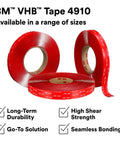 3M VHB Tape 4910 showcasing high shear strength and long-term durability, available in multiple sizes