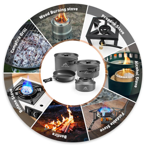 27 Piece Camping Cookware Kit For Two To Four People With Kettle Pots And Pans, Stainless Steel Utensils And Plates.
