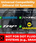 Pro Grade Hydraulic Brake Bleed Kit With 150ml Mineral Oil And CNC Brass Adapters compatibility chart for Shimano TEKTRO TRP Magura.