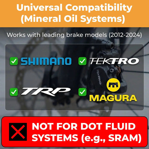Pro Grade Hydraulic Brake Bleed Kit With 150ml Mineral Oil And CNC Brass Adapters compatibility chart for Shimano TEKTRO TRP Magura.