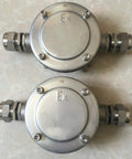 Front view of two explosion-proof junction boxes, 316 stainless steel, Ex marked, with NPT threaded fittings