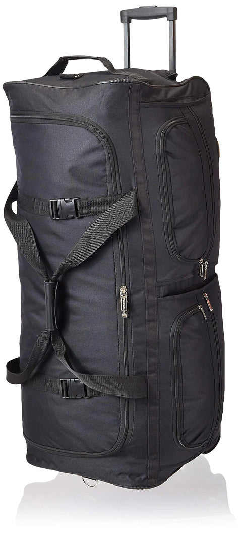 Side view of Rockland rolling duffel bag, black nylon, 36-inch with extendable handle and multiple zip pockets.