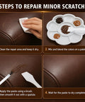 Top Shelf Brown Leather Repair Kit For Couches Car Seats And Furniture Featuring No Sweat Diy Instructions showing 4 step process on brown leather.