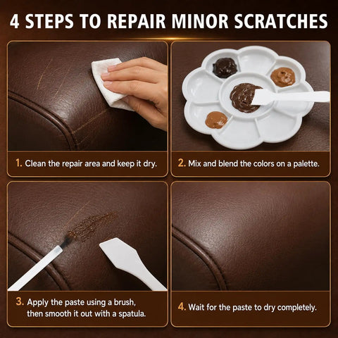 Top Shelf Brown Leather Repair Kit For Couches Car Seats And Furniture Featuring No Sweat Diy Instructions showing 4 step process on brown leather.