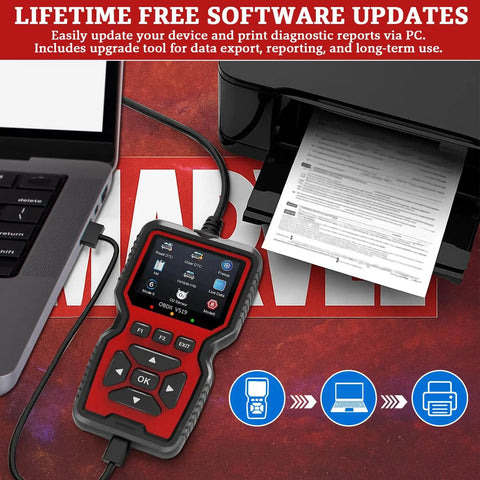 V519 OBD2 CAN Diagnostic Scanner Pro Grade With Live Data Battery Test And 40000 Plus DTC Library connected to printer for updates