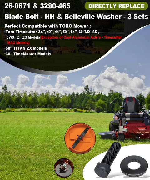 Three Pack Blade Bolt And Washer Kit OEM Replacement For Toro Exmark TimeMaster Recycler Mowers, Includes 26-0671 And 3290-465 Fasteners, Black Oxide Steel, Fits 30-Inch TimeMaster, Recycler, Quest Zero-Turn, And Commercial 30 Walk-Behind Series